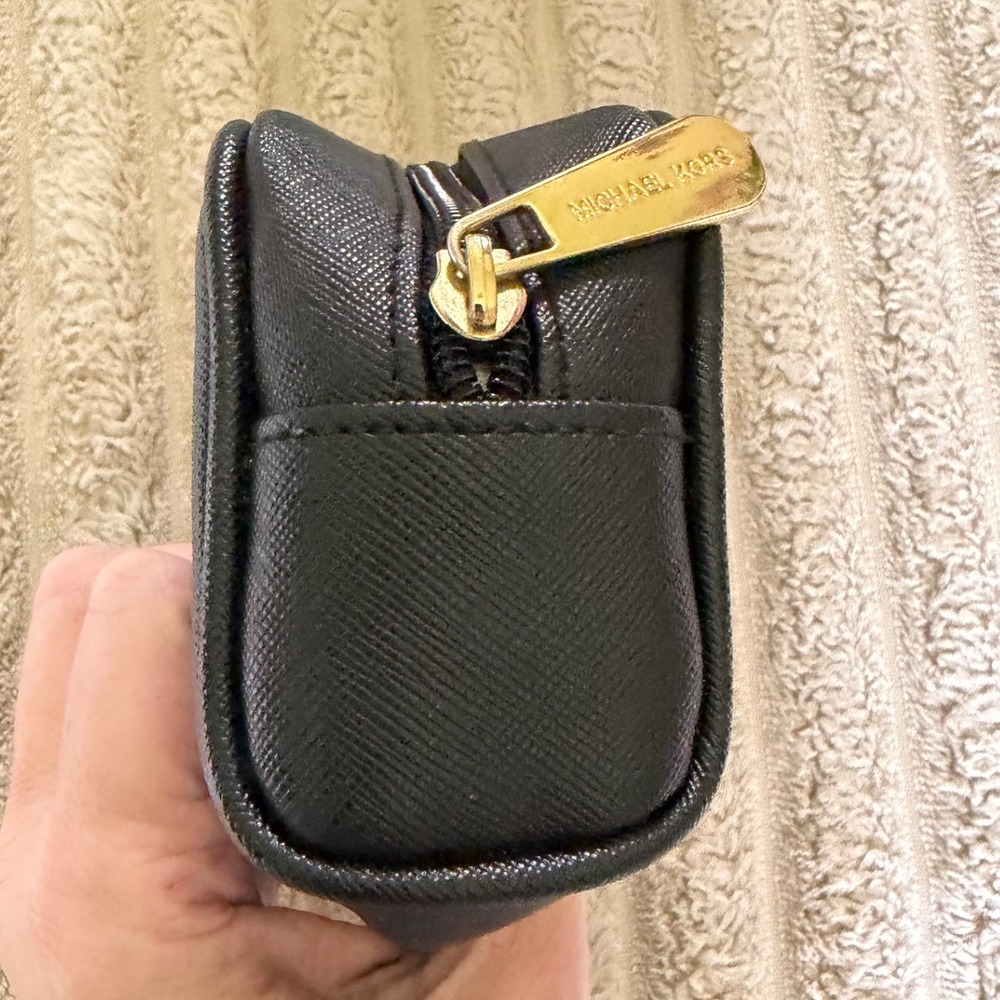 Michael Kors Black Saffiano Leather Cosmetic Pouch Gold Logo Travel Makeup Bag - Picture 6 of 9